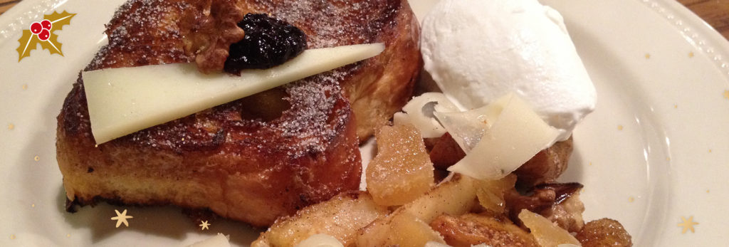 Brioche façon pain perdu, fruits de saison poêlés et Ossau-Iraty